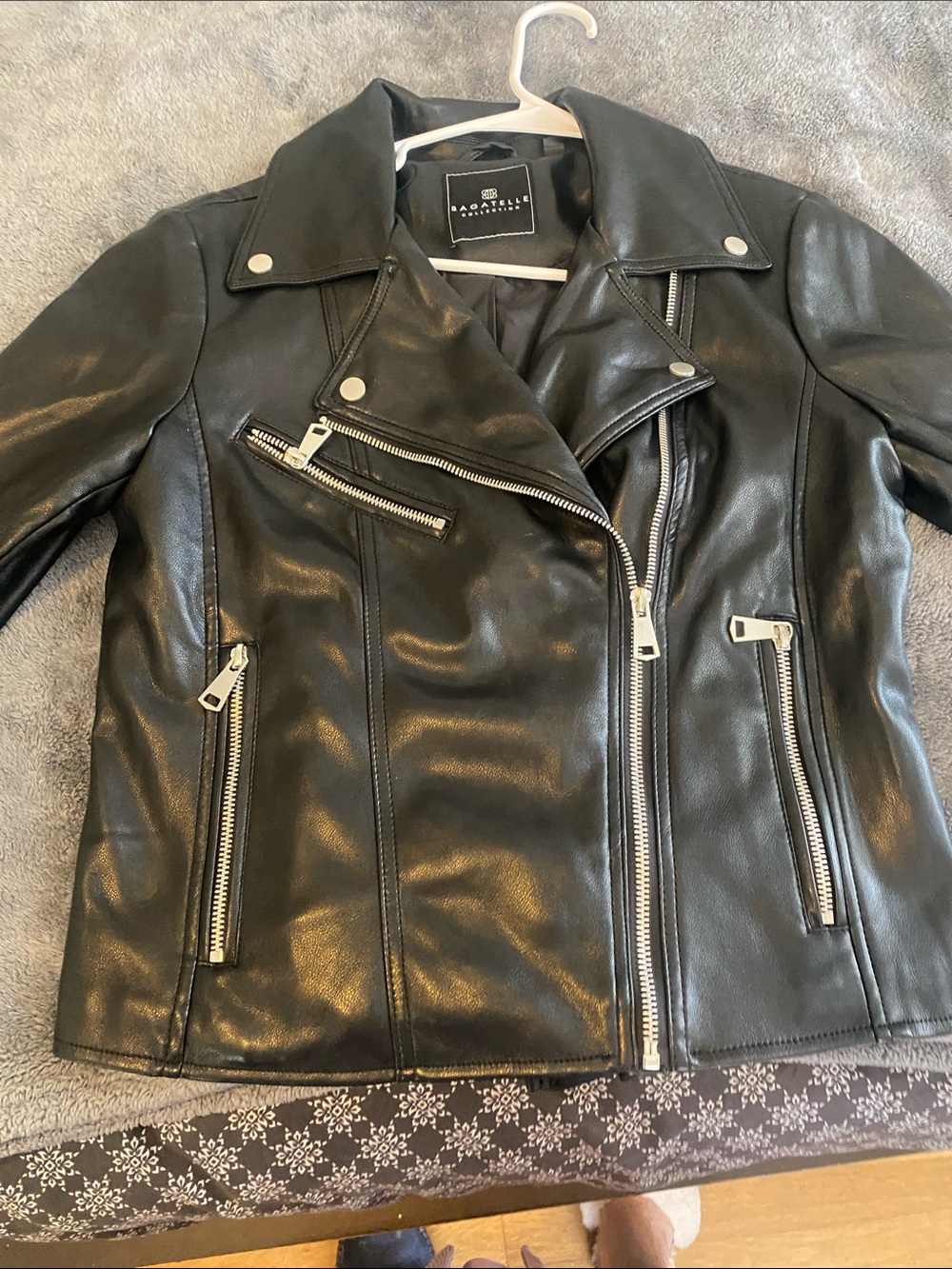 bagatelle Black Leather Asymmetrical Moto Jacket with Silver Hardware